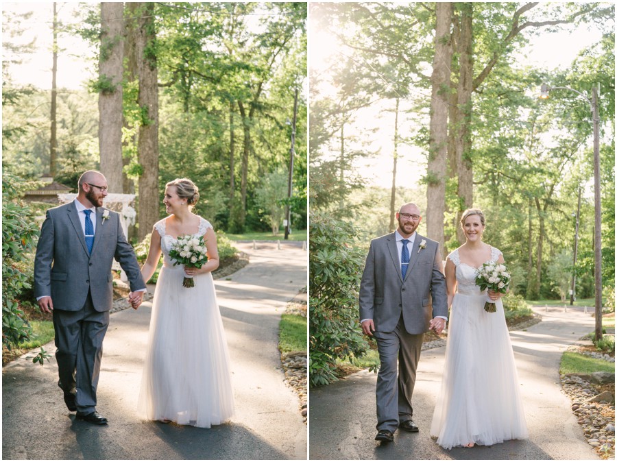 bride and groom walking in sunlight at meredith manor
