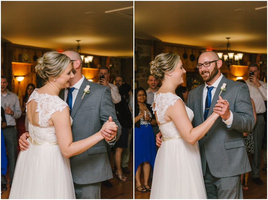 bride and groom smiling during first dance at meredith manor