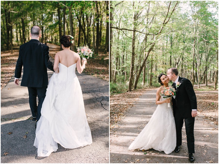 bride and groom walking at Lums Pond State Park